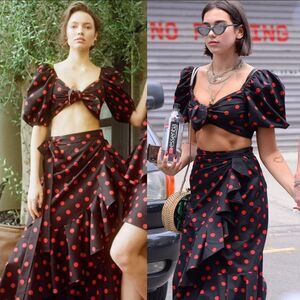 Marianna Senchina Two-Piece Black Polka Dot Bow Top Ruffled Midi Skirt Size M